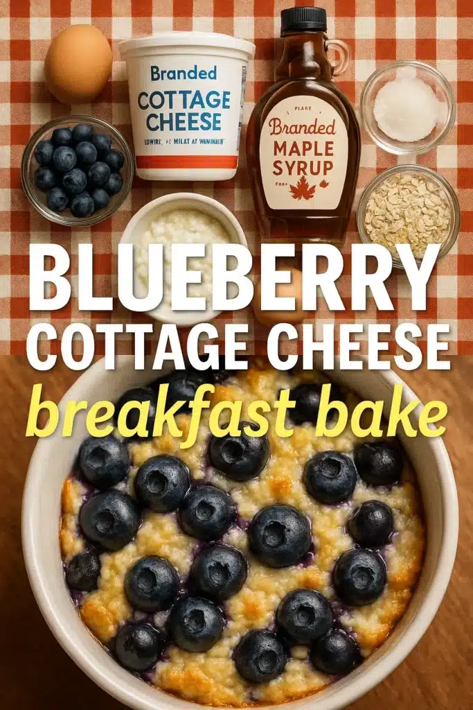 Ingredients for blueberry cottage cheese breakfast bake laid out on a checkered tablecloth including fresh blueberries, cottage cheese, maple syrup, oats, and an egg