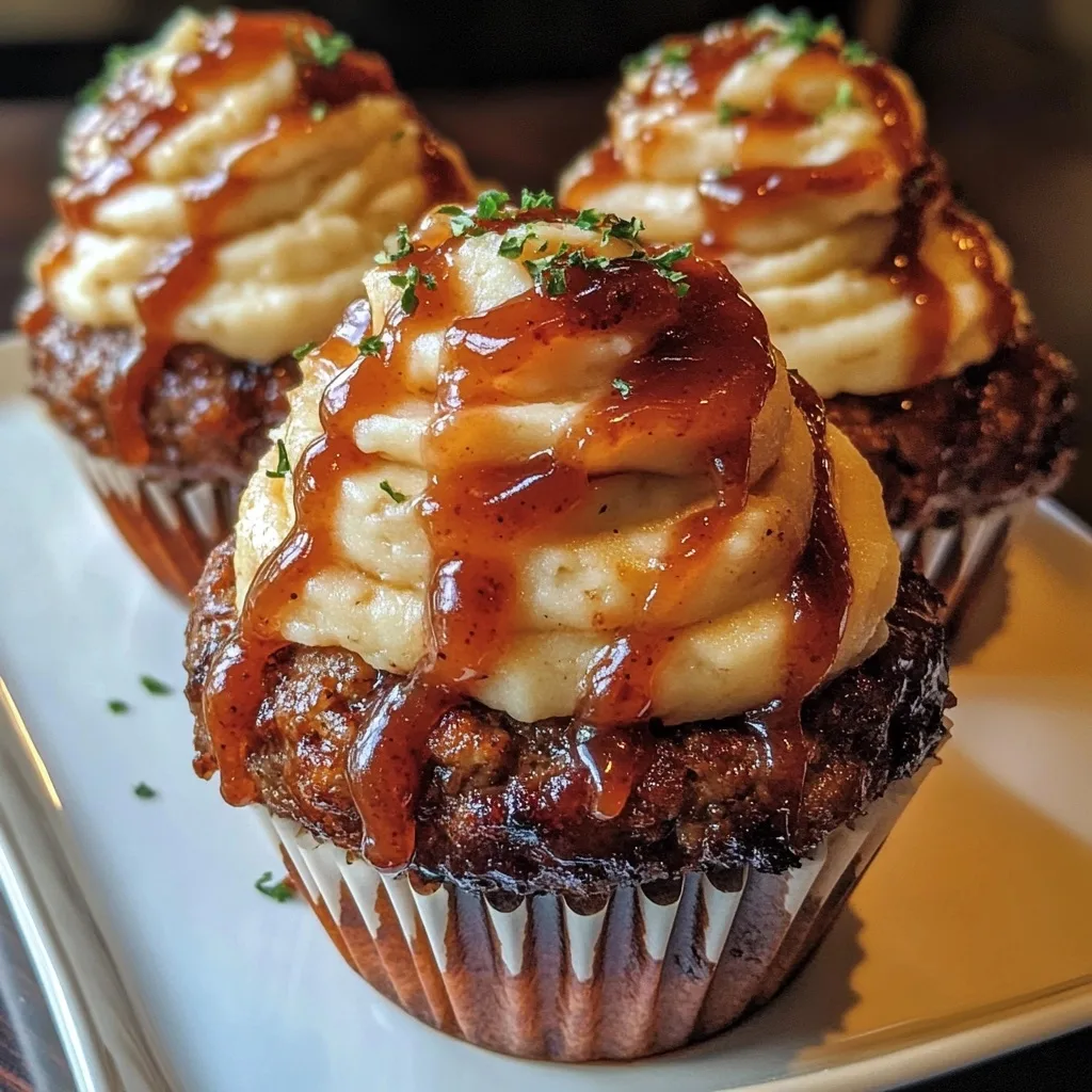 Three bourbon BBQ meatloaf cupcakes with mashed potato frosting arranged on white plate with BBQ sauce