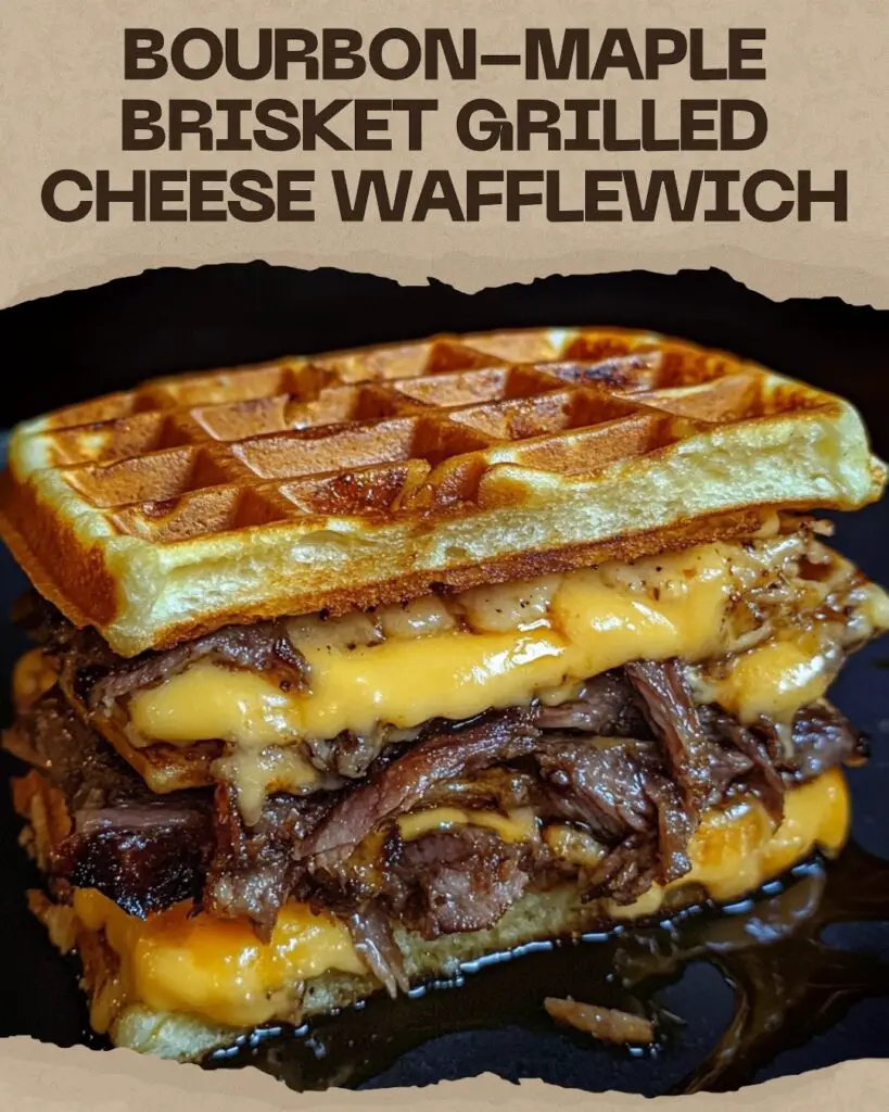 Recipe header image of Bourbon-Maple Brisket Grilled Cheese Wafflewich with clean text overlay on textured background