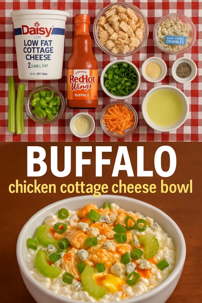 Ingredients for Buffalo Chicken Cottage Cheese Bowl arranged on a red checkered tablecloth including cottage cheese container, buffalo sauce bottle, cooked chicken, blue cheese, celery, green onions, carrots, and seasonings.