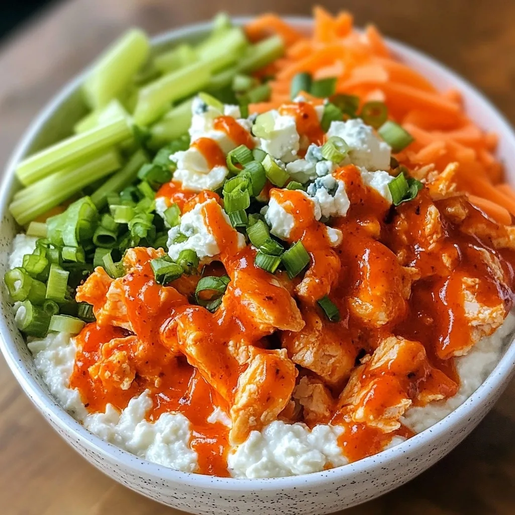 A white bowl containing cottage cheese topped with buffalo-sauced chicken pieces, surrounded by celery sticks, shredded carrots, and garnished with green onions.