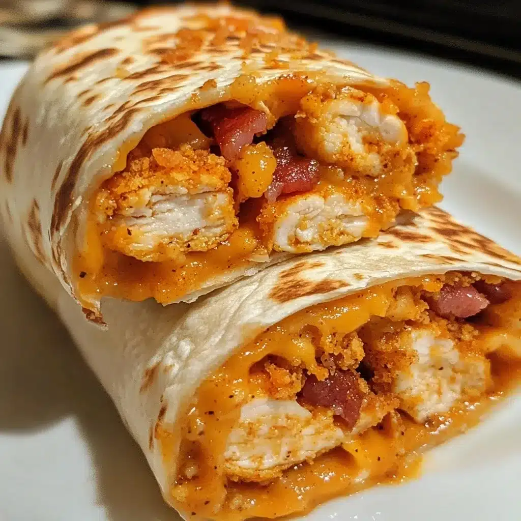 Cross-section view of a Buffalo Chicken Bacon Ranch Wrap showing crispy chicken strips, bacon pieces, and melted cheese with buffalo sauce.