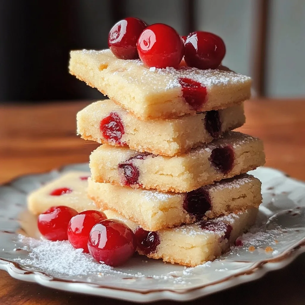 Stack of buttery maraschino cherry shortbread bars dusted with powdered sugar and topped with fresh glazed cherries on a decorative white plate.