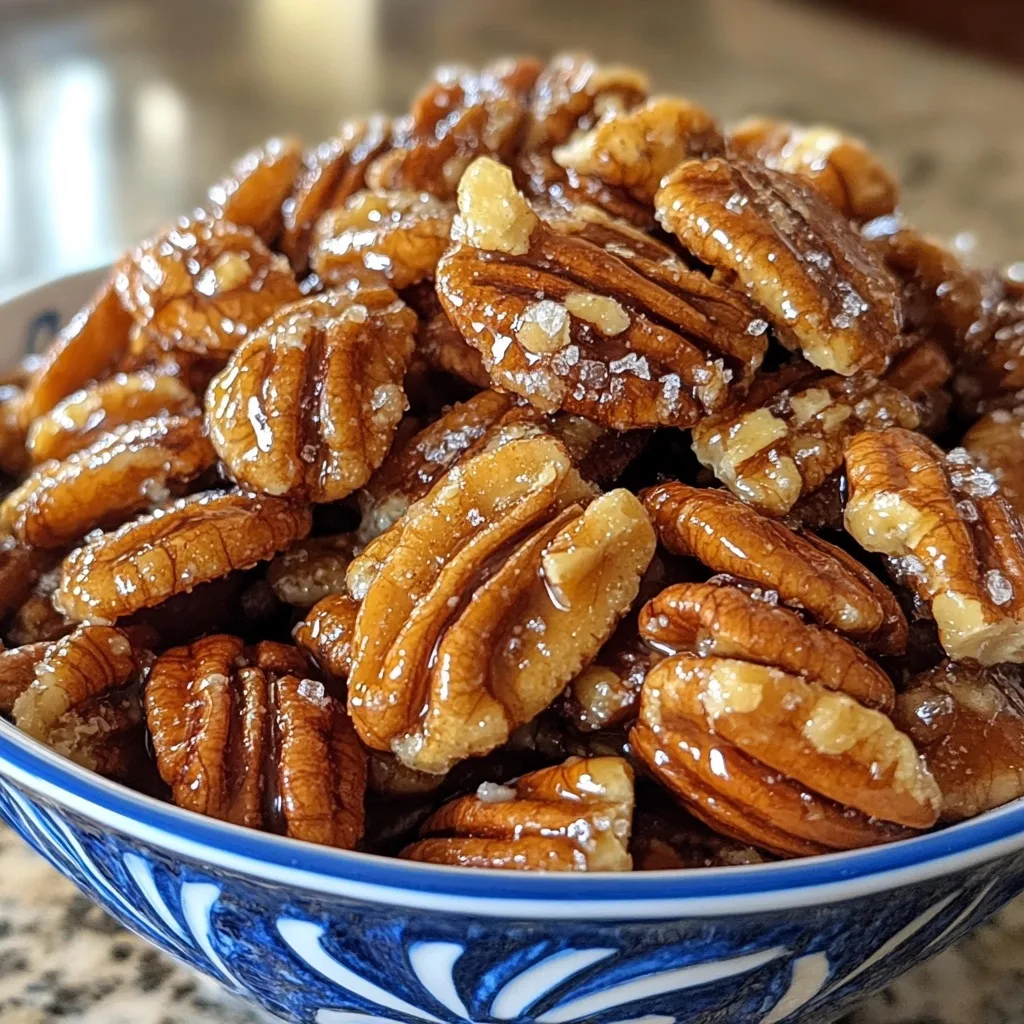Glossy caramelized pecans for Praline Crunch served in a decorative blue and white ceramic bowl