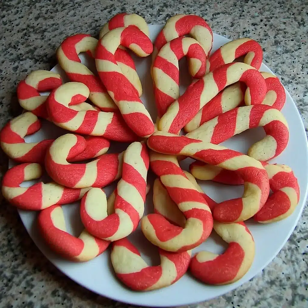 Multiple candy cane cookies with vibrant red and white twisted patterns displayed on white plate