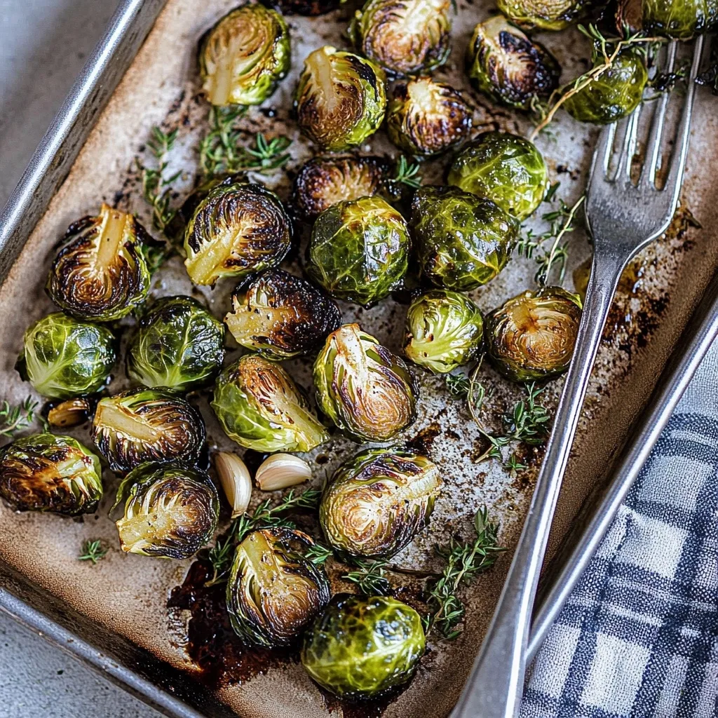 Roasted Brussels sprouts with fresh herbs and garlic on a baking sheet with serving fork