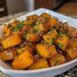 Caramelized honey butternut squash cubes with deeply browned edges garnished with fresh herbs in a white serving dish.