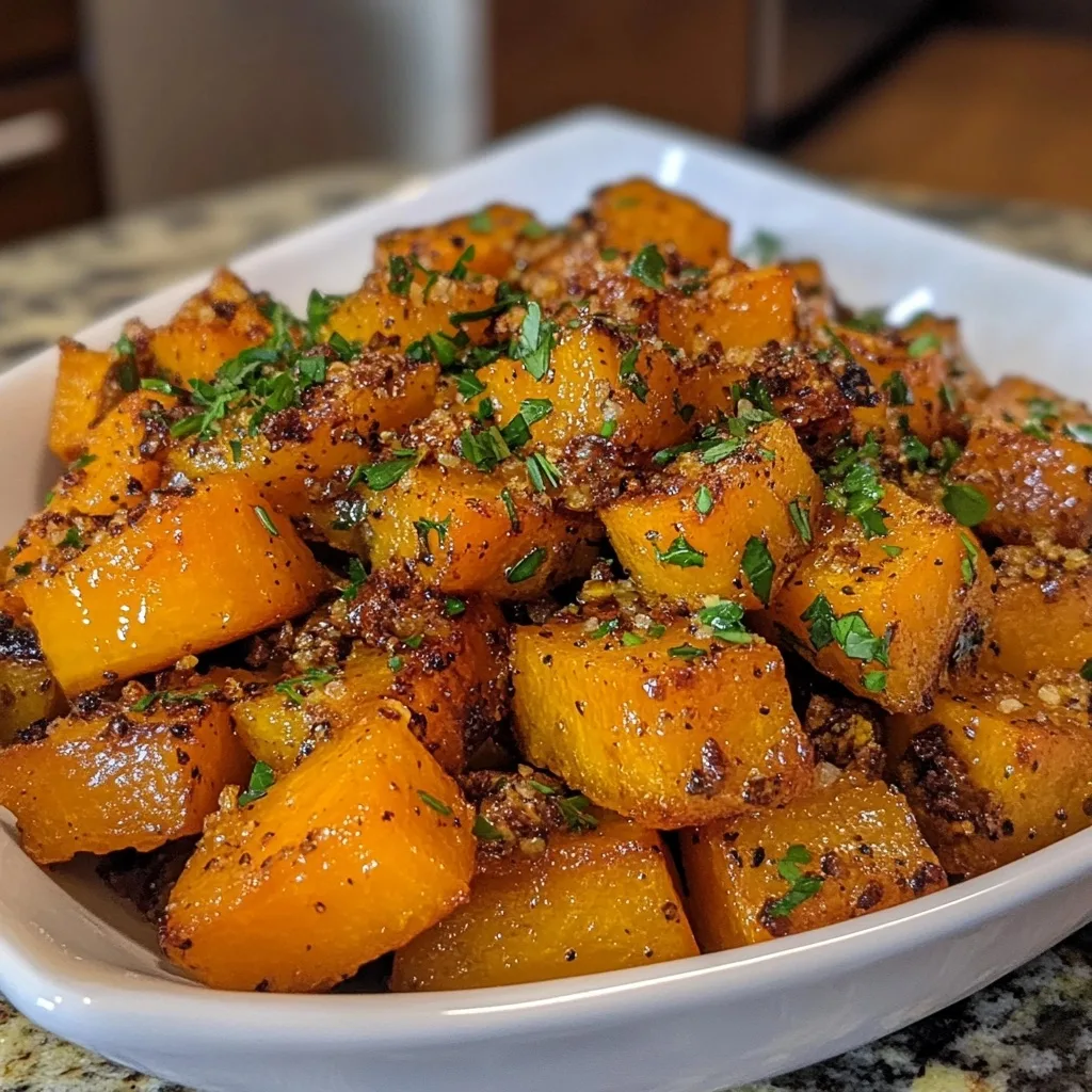 Caramelized honey butternut squash cubes with deeply browned edges garnished with fresh herbs in a white serving dish.