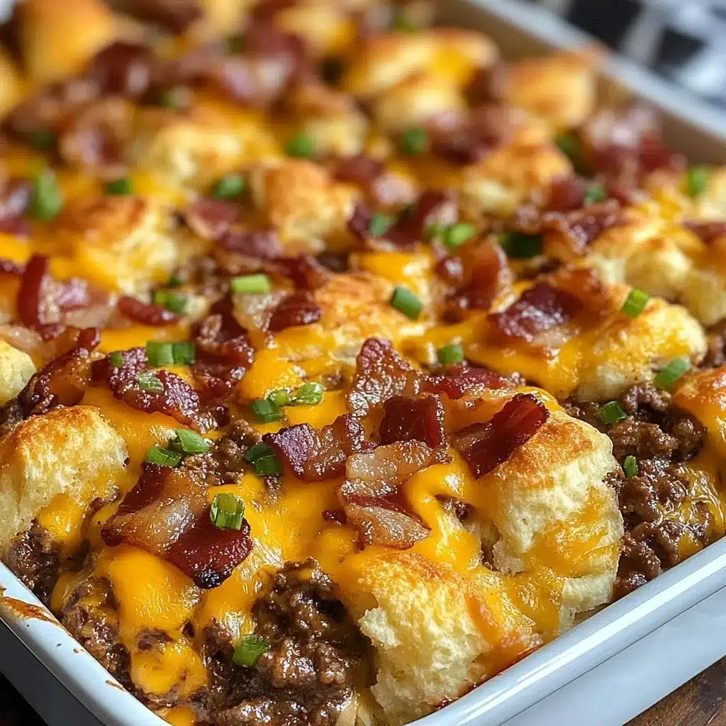Easy Loaded Bacon Cheeseburger Bite Casserole with bubbly melted cheese and bacon garnish ready to serve