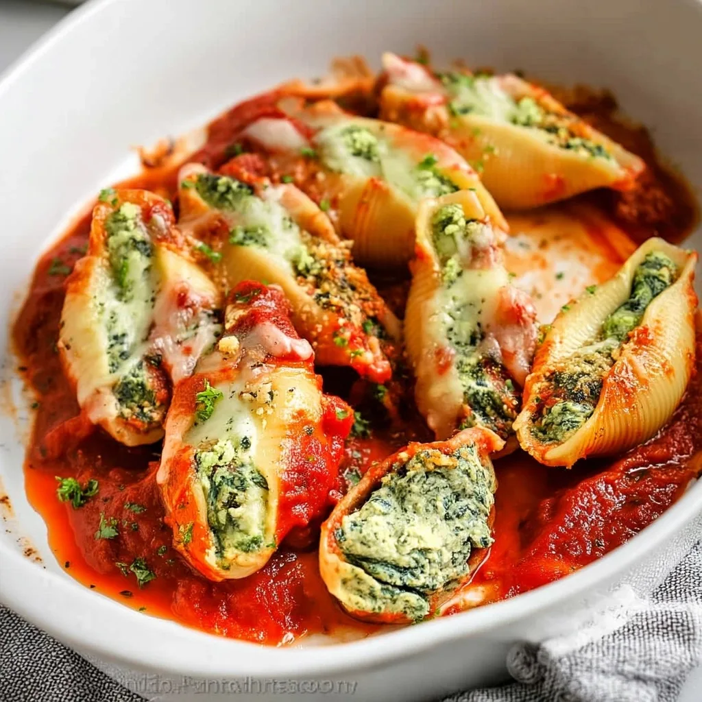 Christmas stuffed shells in white baking dish showing spinach ricotta filling and dual sauce topping