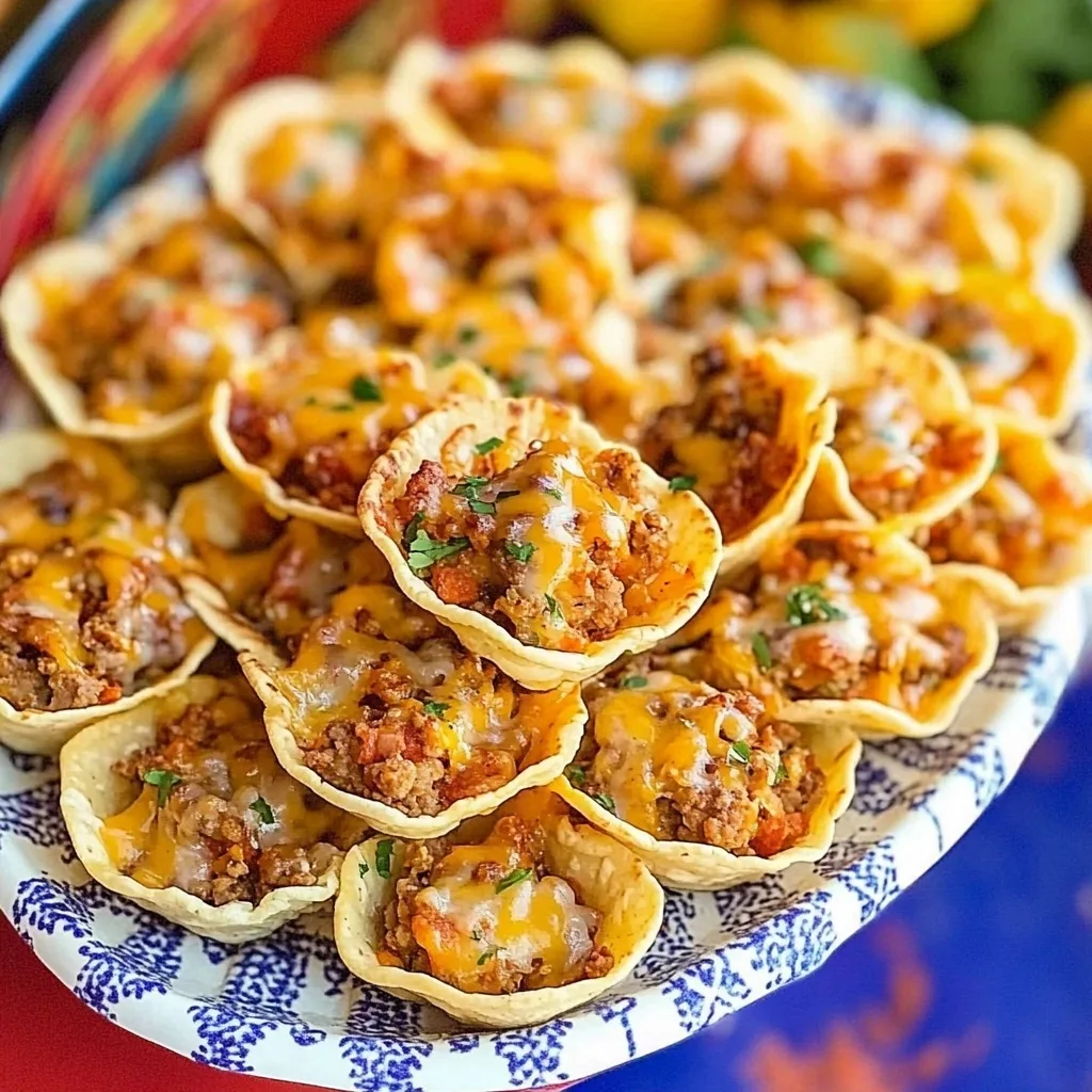 Homemade taco ranch cups filled with seasoned ground beef, melted cheese, and fresh herbs arranged on a decorative blue and white plate
