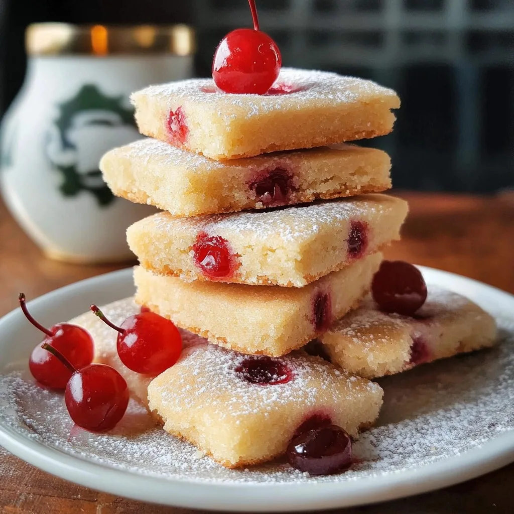 Stack of square cherry shortbread bars with powdered sugar dusting and fresh maraschino cherries arranged on a white plate with a coffee cup in the background.