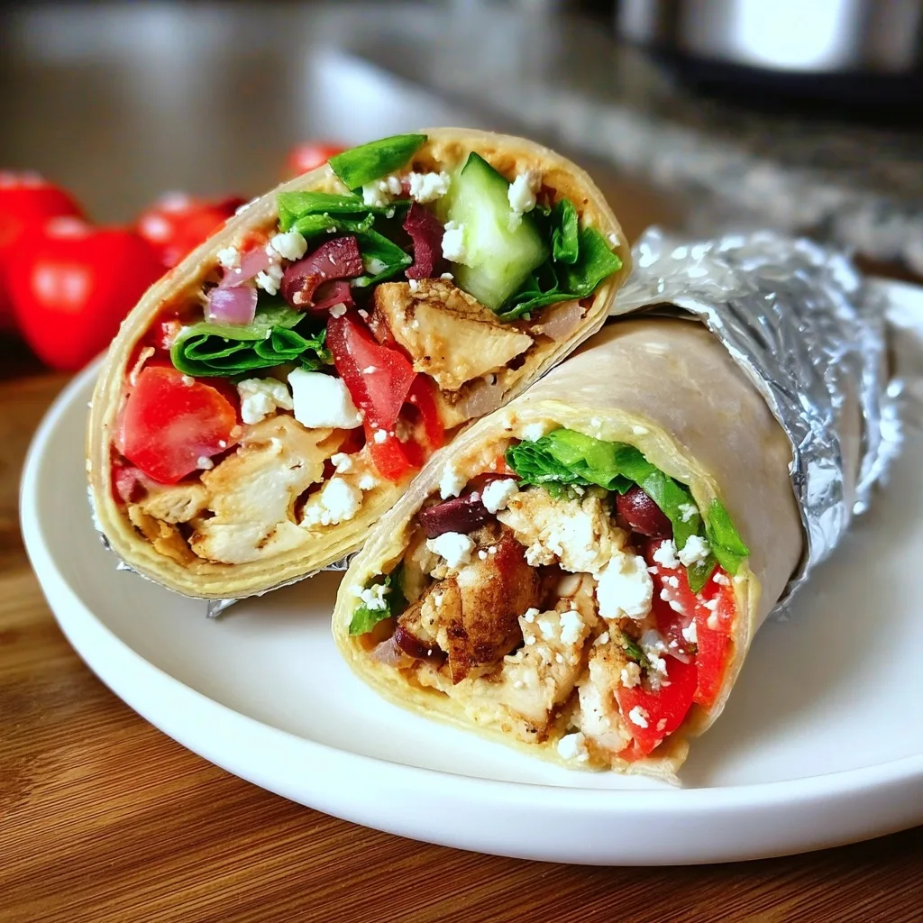 Two halves of Chicken Mediterranean wrap on white plate with cherry tomatoes in background showing Mediterranean ingredients and filling
