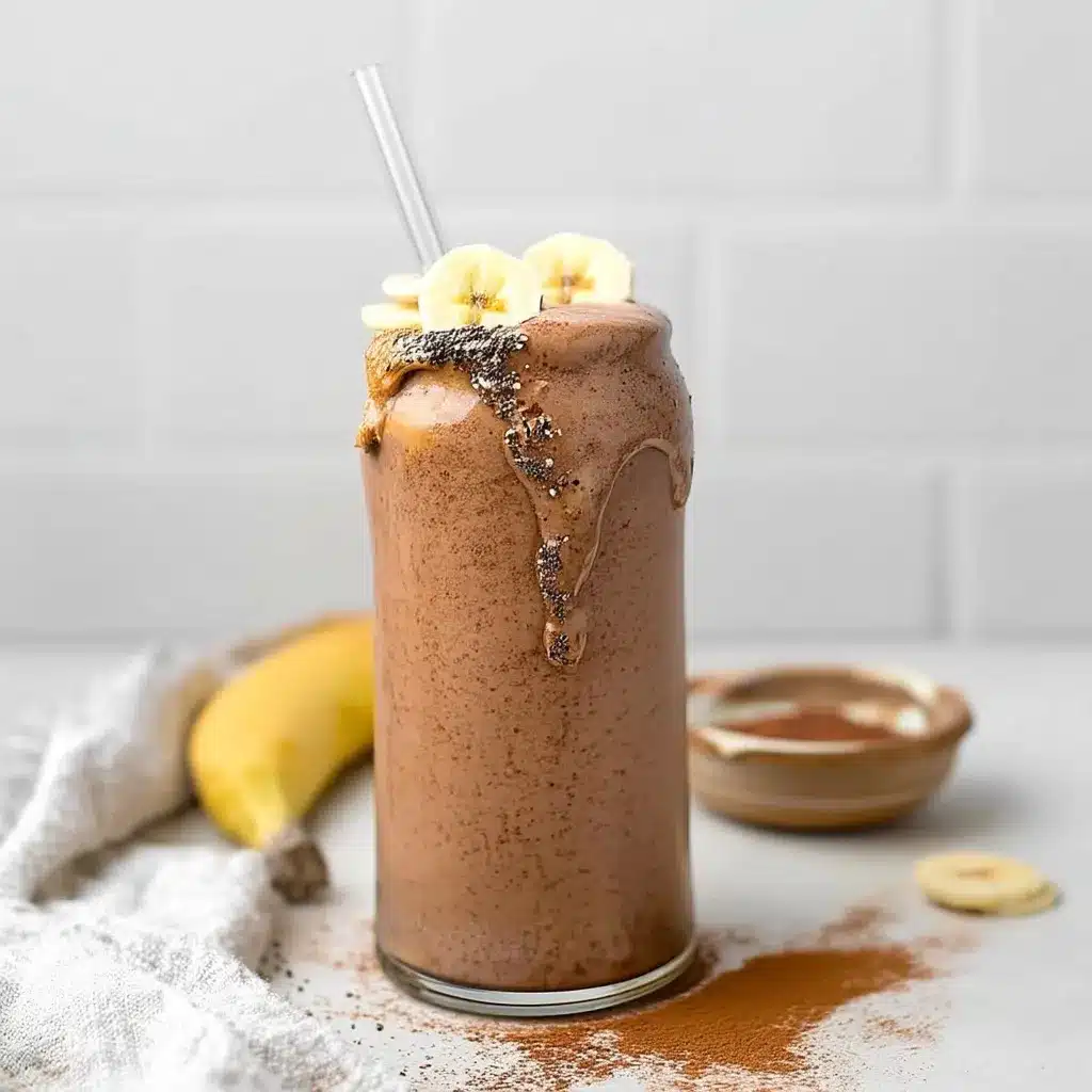 Close-up view of chocolate protein coffee smoothie with banana garnish and chia seed topping in glass with straw