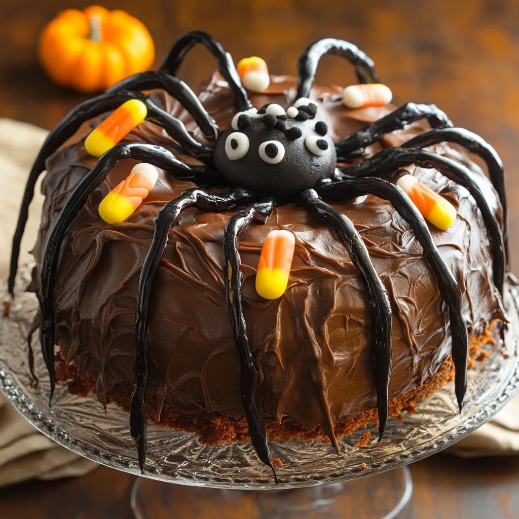 Chocolate Halloween Spider Cake decorated with a black fondant spider, licorice legs, candy corn pieces, and displayed on a glass cake stand with a small pumpkin in the background.