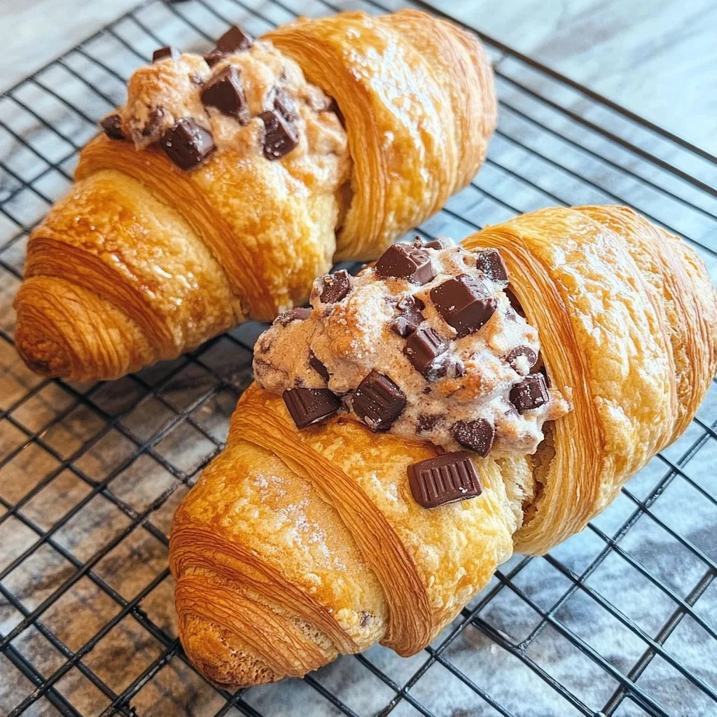 Close-up of two Le Crookie Cookie Croissants on a cooling rack, showing flaky pastry layers and cookie centers topped with chocolate pieces.