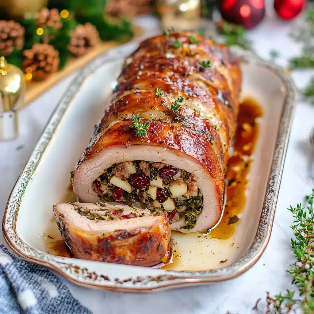 Sliced Christmas stuffed pork tenderloin on a decorative platter with holiday decorations visible in the background
