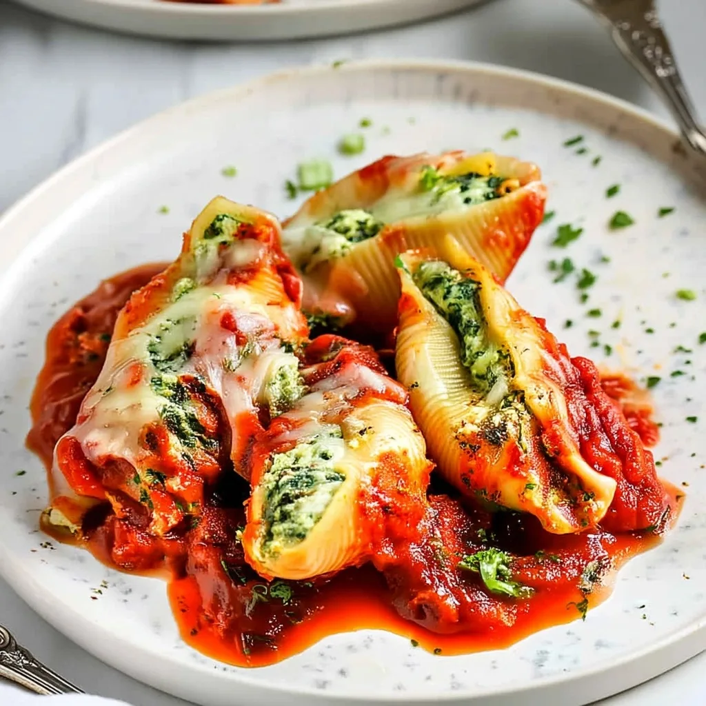 Christmas stuffed shells filled with spinach and cheese, topped with melted mozzarella and marinara sauce on white plate