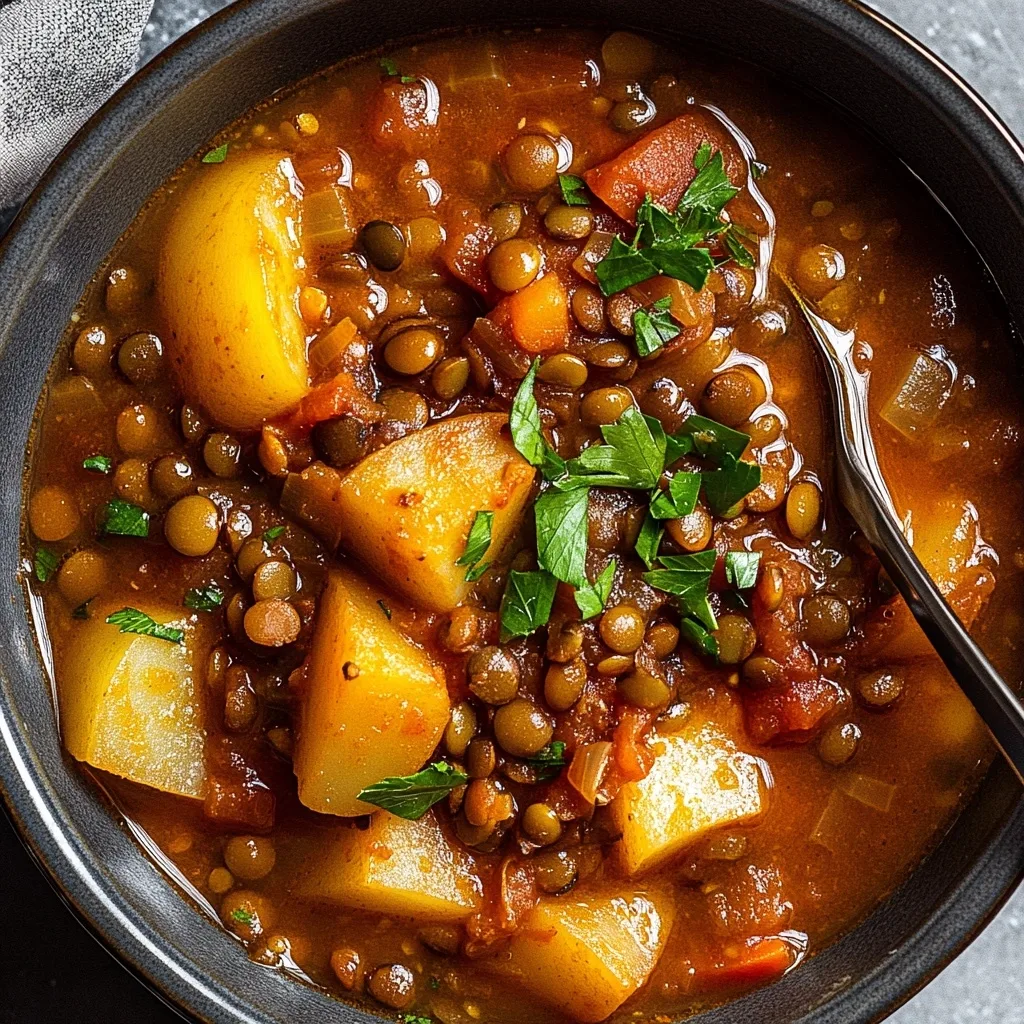 Overhead view of Thanksgiving Lentil and Potato Soup with chunks of yellow potatoes, brown lentils, and diced vegetables in a savory broth, garnished with fresh herbs.