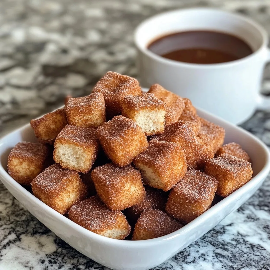 Plate of air-fried churro bites with chocolate dipping sauce.