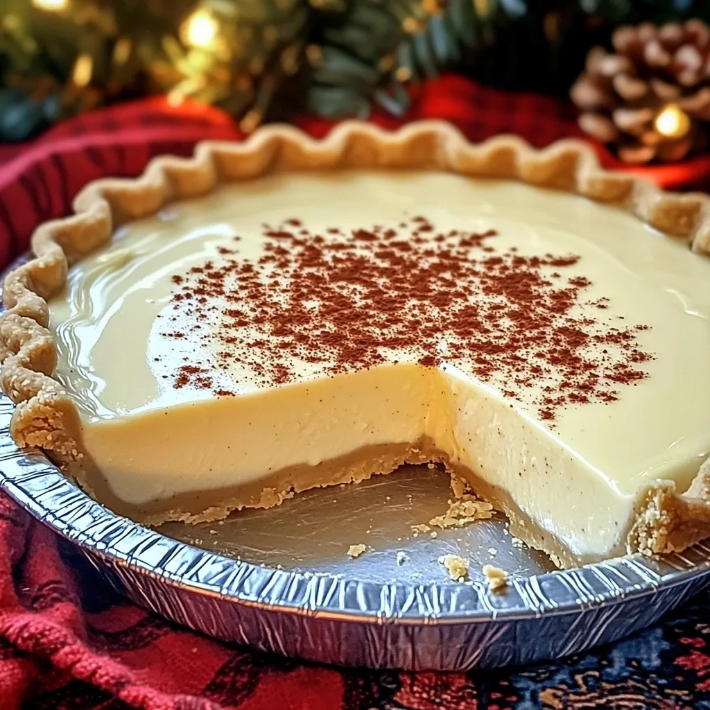 Cinnamon-Vanilla Custard Pie in a silver tin with one slice removed, showing the creamy filling and flaky crust against a festive red background with Christmas decorations.