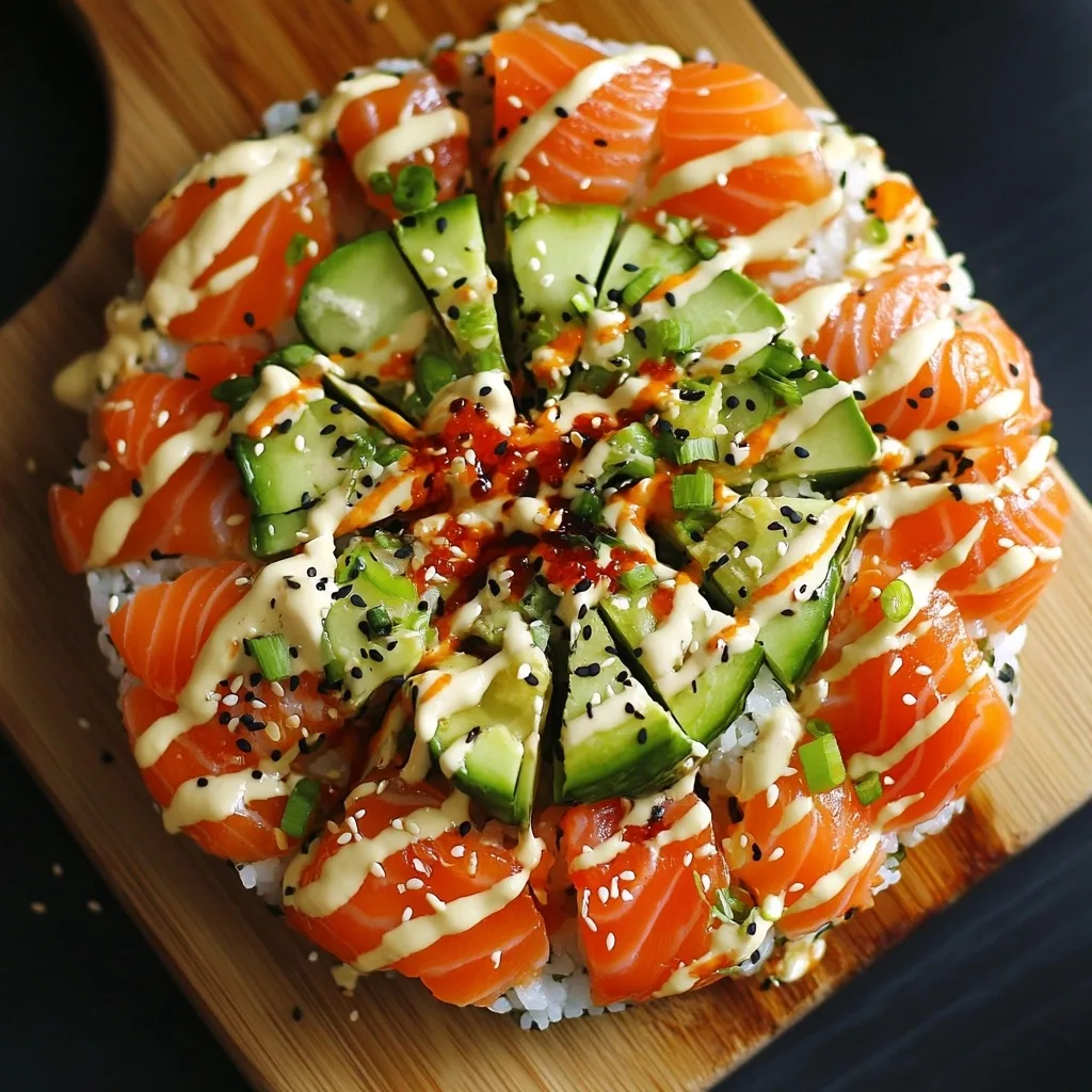 Overhead view of a round sushi pizza with salmon, cucumber, green onions, and sauce drizzles on a wooden serving board.