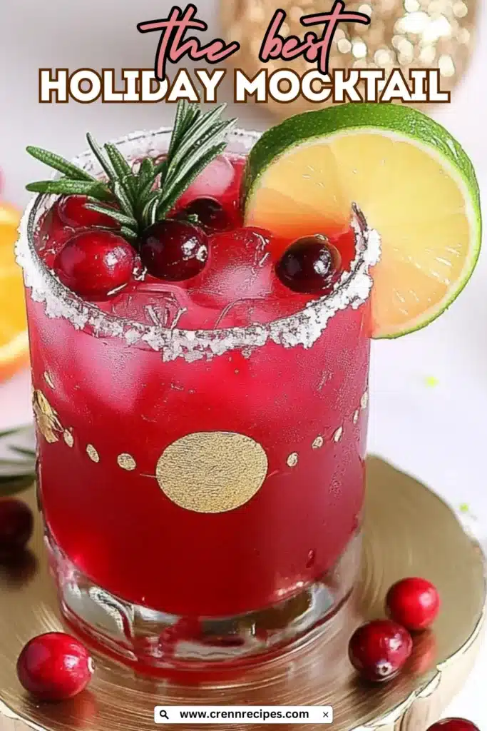 Tall glass of cranberry holiday mocktail with ice, garnished with lime wheel and scattered cranberries on a light surface.