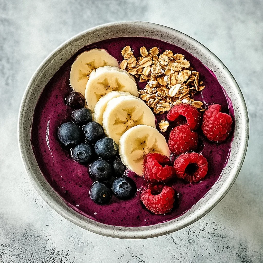 Berry Bliss Smoothie Bowl topped with sliced banana, fresh blueberries, raspberries, and granola in a white ceramic bowl.