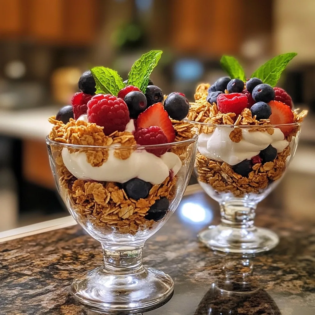 Two Summer Berry Parfaits in stemmed glasses showing layers of granola, Greek yogurt, strawberries, blueberries, and raspberries garnished with mint.