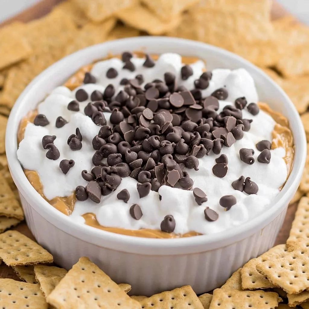 Creamy white Booty Dip topped with mini chocolate chips in a white bowl surrounded by graham crackers
