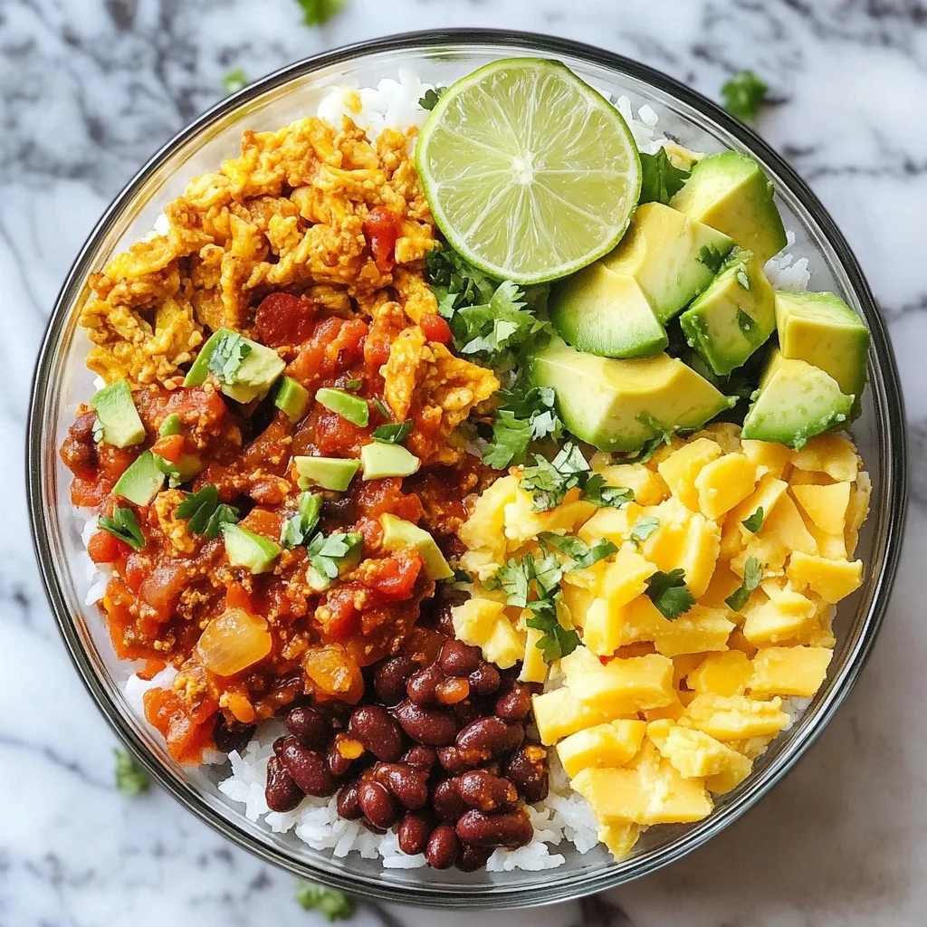 Overhead view of a breakfast burrito bowl featuring white rice topped with scrambled eggs, seasoned tomato mixture, black beans, diced yellow cheese, avocado chunks, fresh cilantro, and a lime wedge.