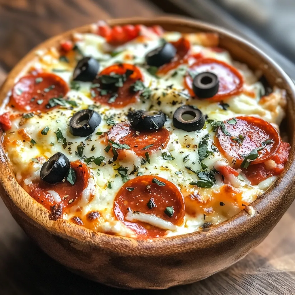 Closeup of a Cottage Cheese Pizza Bowl in a wooden bowl showing melted cheese, pepperoni, black olives, and fresh herbs.