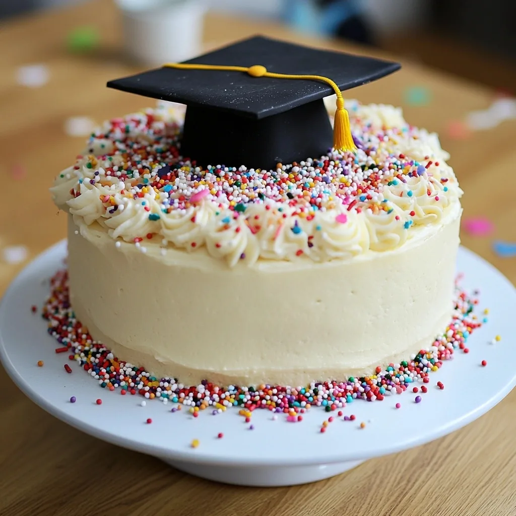 A round vanilla cake with smooth white buttercream frosting decorated with colorful sprinkles and topped with a black fondant graduation cap with yellow tassel.