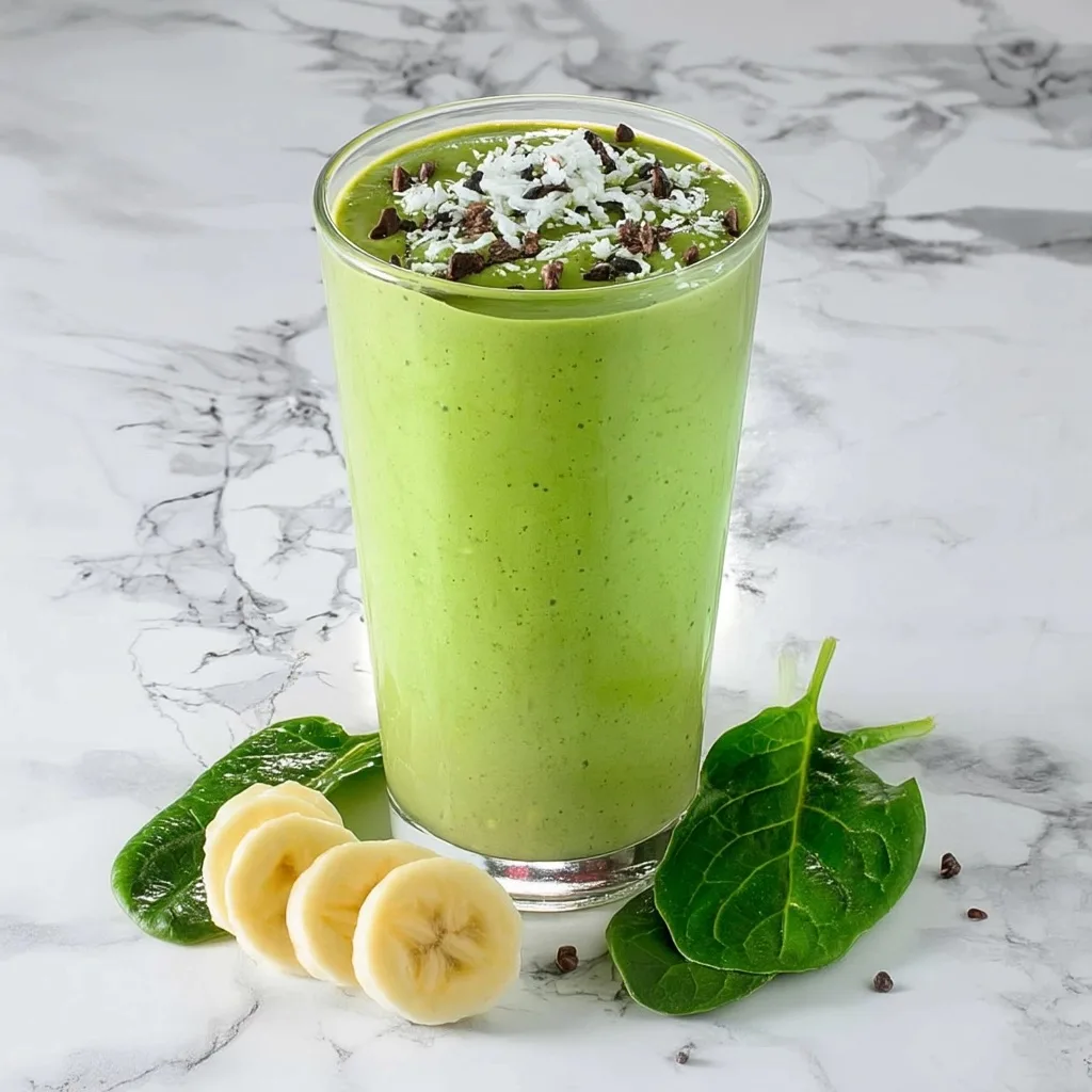 Green power smoothie in tall glass with coconut flakes, cacao nibs, banana slices and fresh spinach leaves on marble background