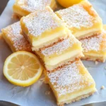 Multiple cream cheese lemon bars on a white surface with fresh lemon wheels as garnish, showing the creamy filling and crumbly crust