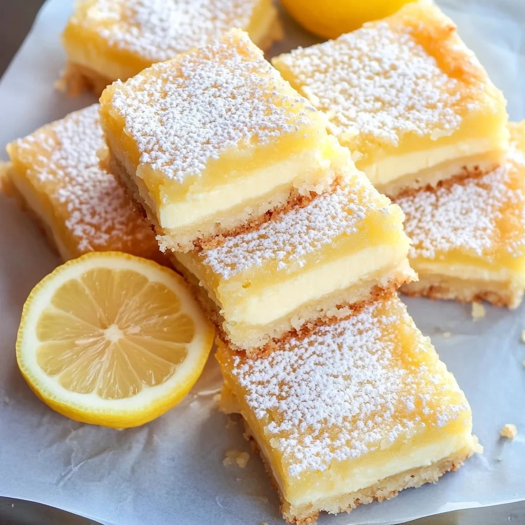 Multiple cream cheese lemon bars on a white surface with fresh lemon wheels as garnish, showing the creamy filling and crumbly crust