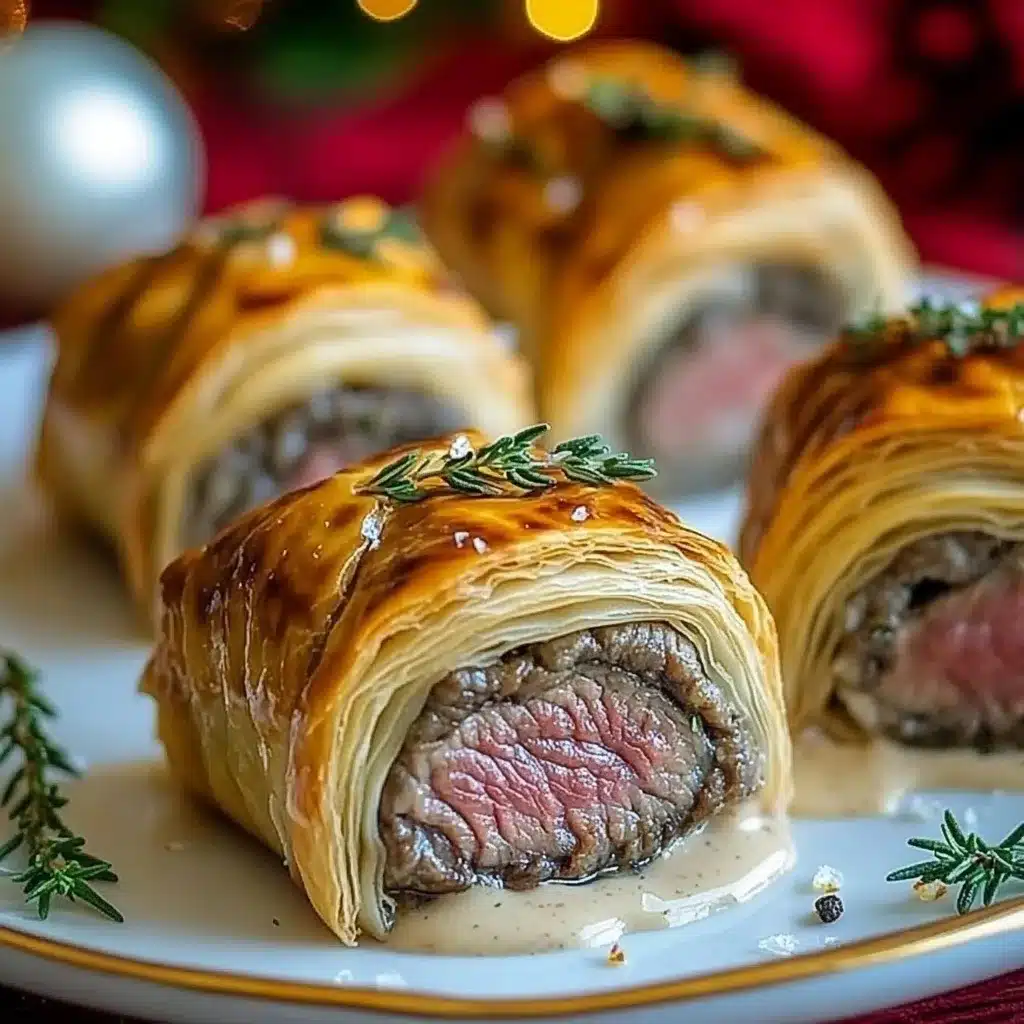 Mini beef wellington holiday bites cross-section showing pink beef tenderloin wrapped in mushroom duxelles and golden puff pastry with fresh thyme garnish