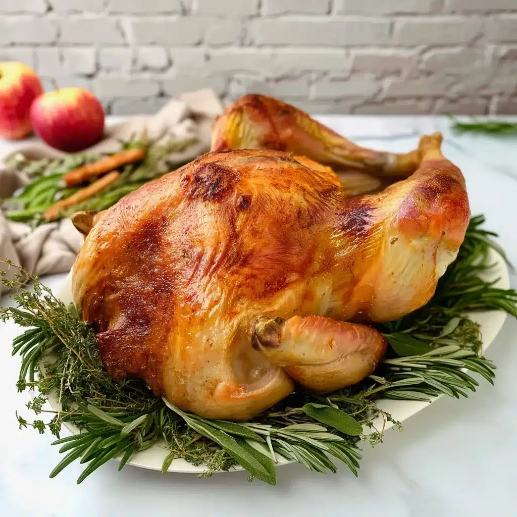 Classic roast turkey with crispy golden skin and tied legs positioned on fresh herb bed showing proper trussing technique