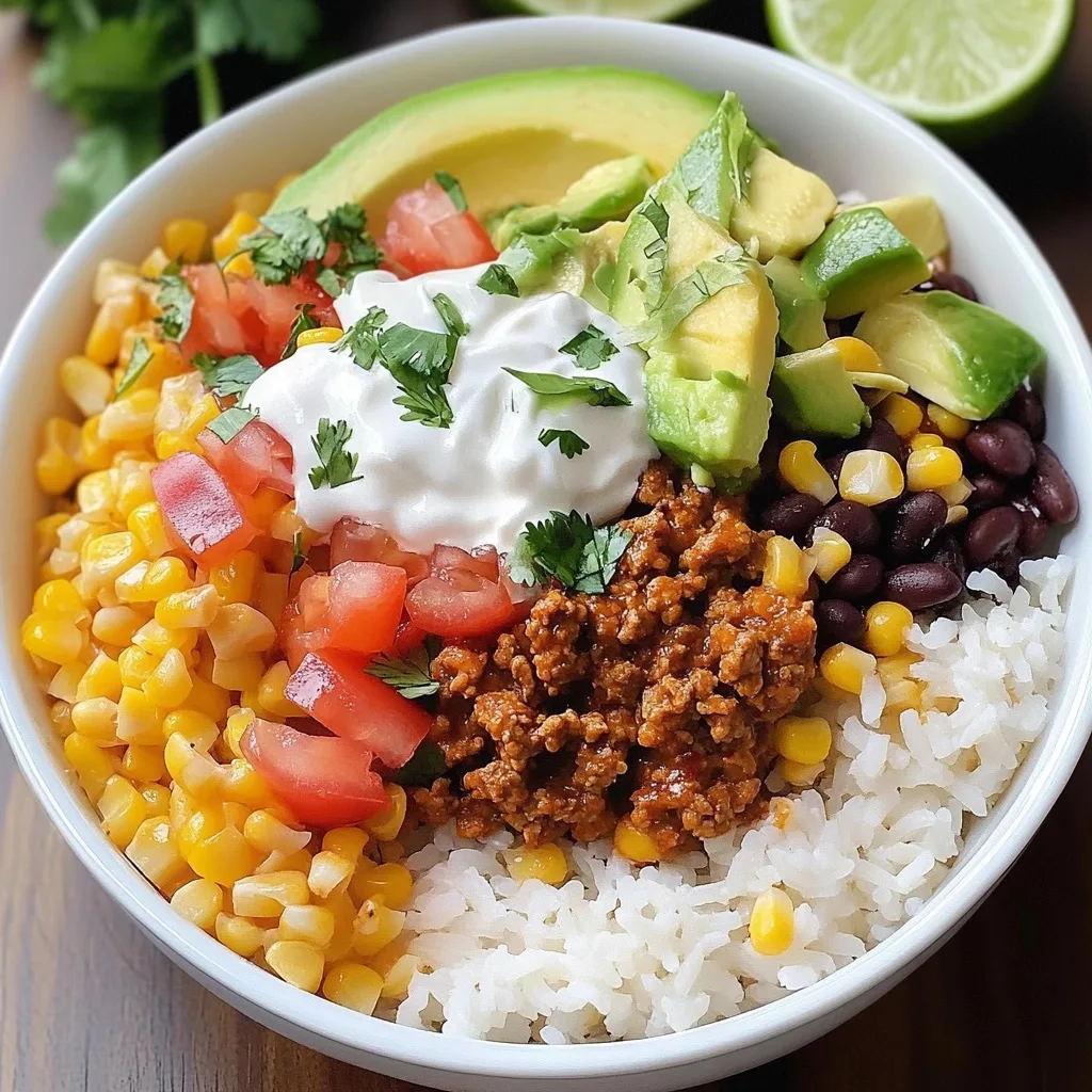 Turkey taco burrito bowl with white rice, seasoned turkey, corn, black beans, cherry tomatoes, fresh avocado chunks, sour cream, and cilantro