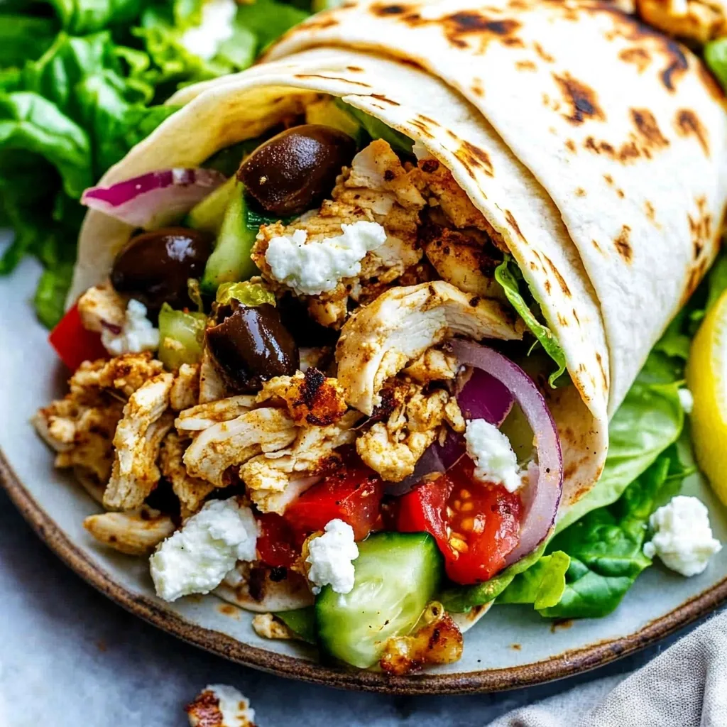 Close up view of Mediterranean wrap interior showing layers of chicken, feta, olives, cucumber, red onion and spinach