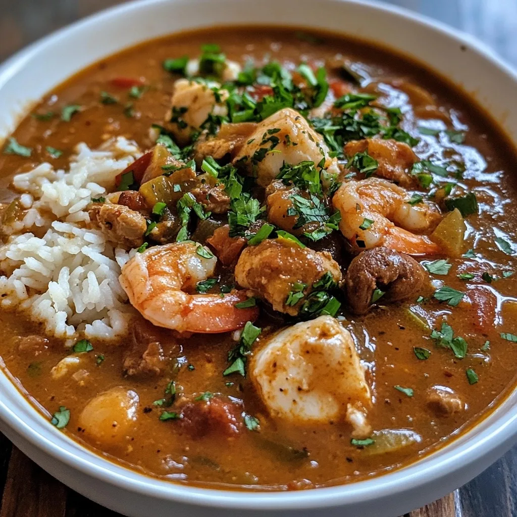 Close-up of Louisiana Seafood Gumbo showing shrimp, crab meat, sausage and vegetables in a dark roux broth with rice
