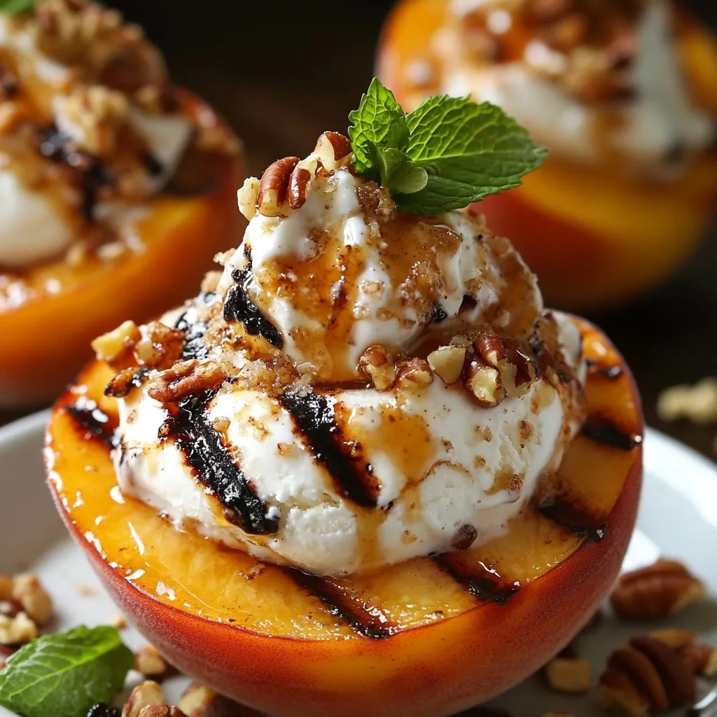 Close-up of grilled peach topped with ice cream, caramel sauce, pecans, and mint.