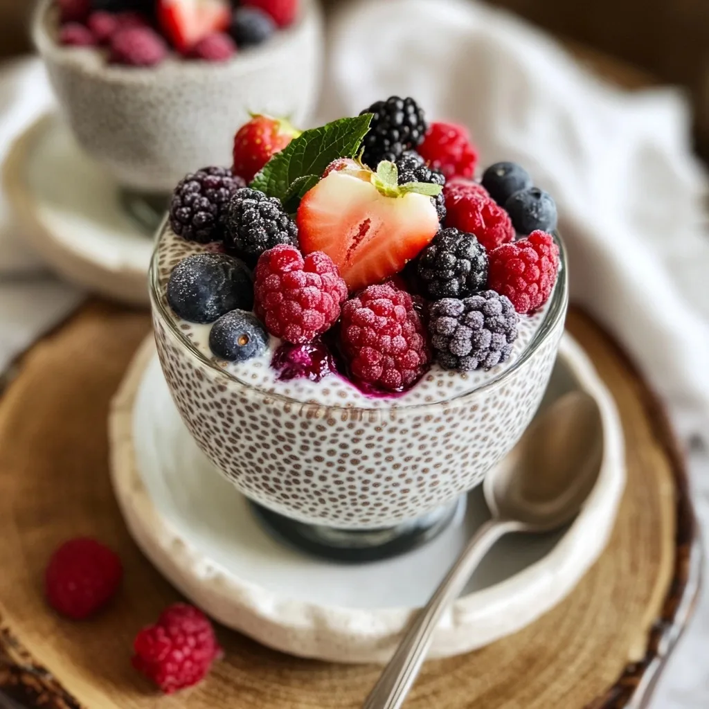 Close-up of vanilla chia seed pudding topped with mixed berries including raspberries, blueberries, blackberries, and sliced strawberry