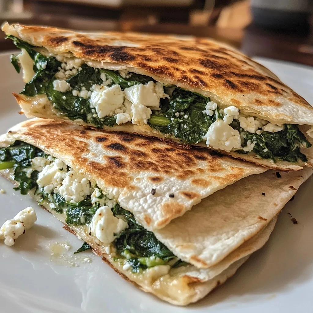 Golden-brown crispy Spinach and Feta Quesadillas cut into triangles showing melty cheese and wilted spinach filling