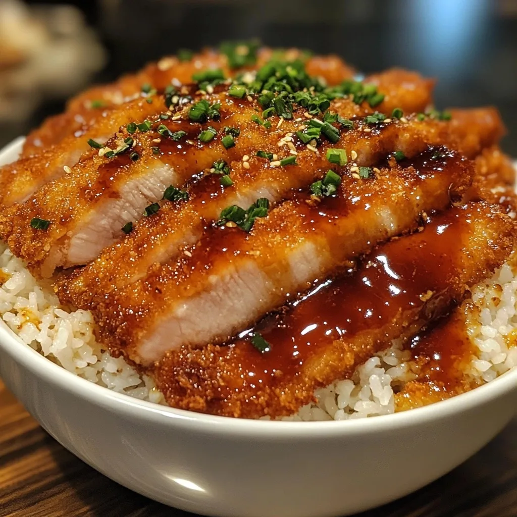 Crispy golden Japanese pork katsu sliced over steamed rice with tonkatsu sauce, green onions and sesame seeds