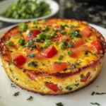 Close-up of Crustless Cottage Cheese Breakfast Quiche with bright red bell peppers and green herbs on a white plate