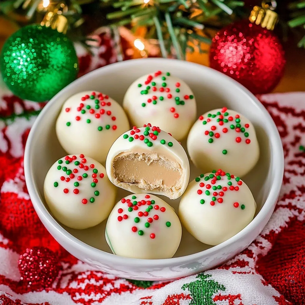 A bowl of white chocolate peanut butter truffles with one truffle bitten to reveal its creamy peanut butter center