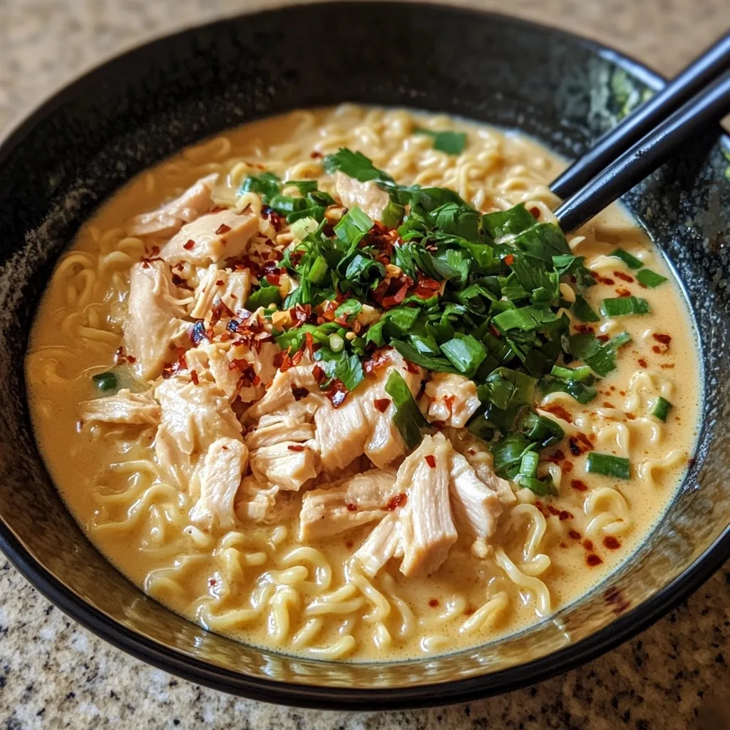 Close-up view of spicy chicken ramen in creamy broth with ramen noodles, chicken chunks and fresh herbs