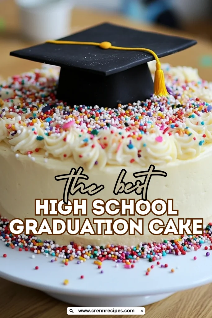 Close-up view of a black fondant graduation cap with yellow tassel sitting atop a white frosted cake decorated with colorful sprinkles and buttercream piping.