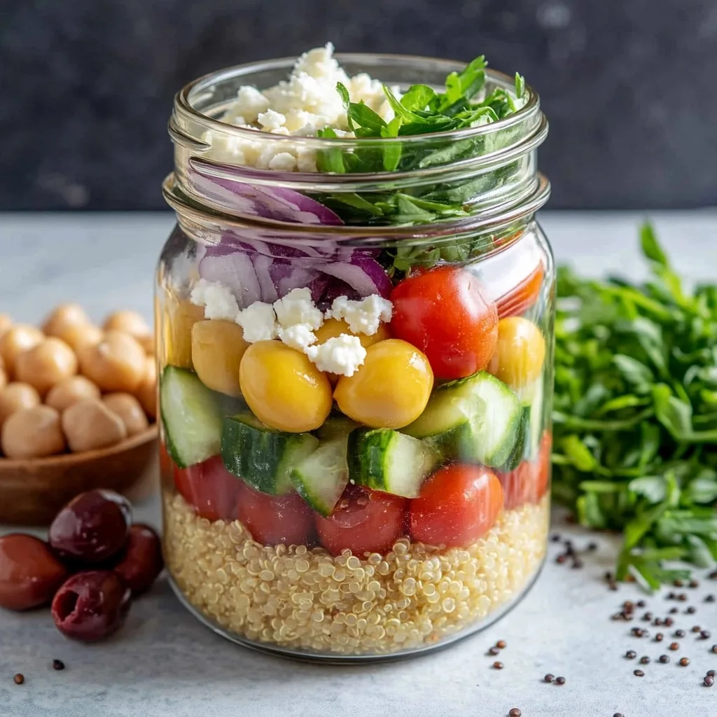 Promotional image of a Mason-Jar Mediterranean Veggie Bowl with text overlay reading "the best MASON-JAR MEDITERRANEAN VEGGIE BOWLS" showing layered ingredients in a glass jar.